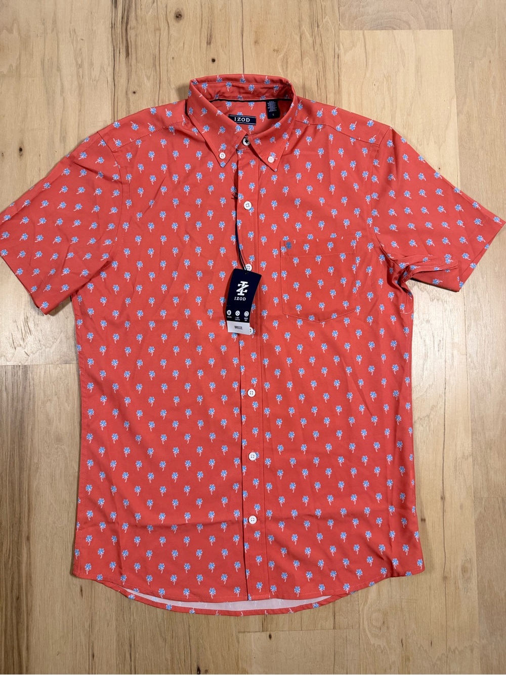 Izod Coral Short-Sleeve Button-Down Shirt with Blue Palm Print